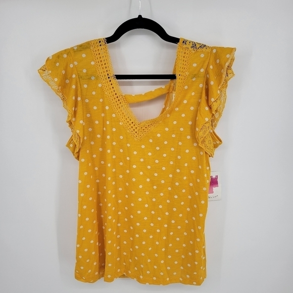 Bobbie Brooks Top Yellow White Polka Dots Lace Accents Open Back Sz M NWT - Picture 5 of 12
